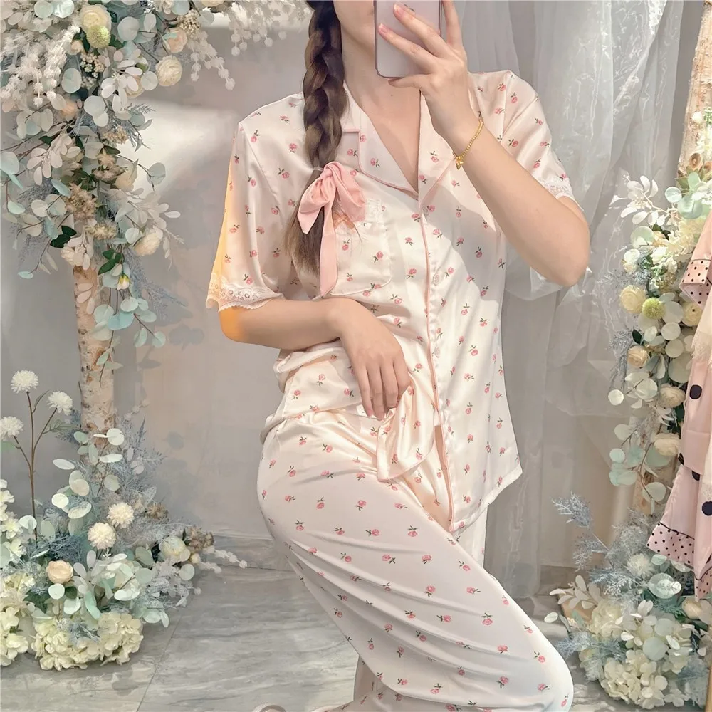 Pajamas Set Women Printed 2pcs Short-sleeved Single-breasted Top Loose Pants Floral Outside Home Clothes Women Sleepwear Pjs