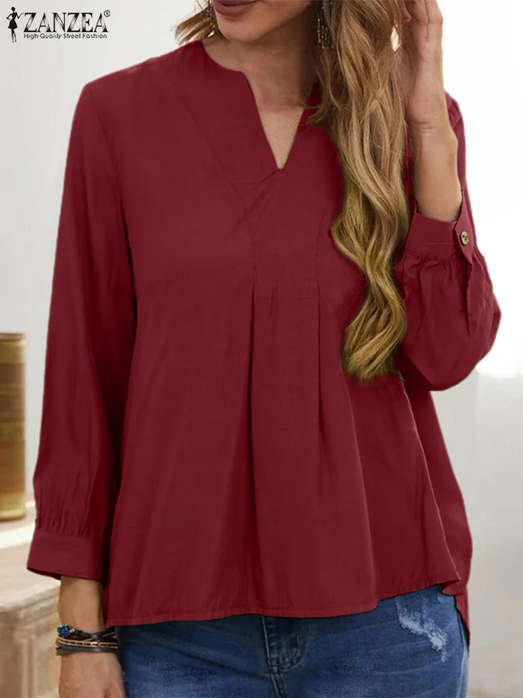 

ZANZEA Spring Elegant Solid Work OL Shirt Casual Loose Tunic Tops Female Party Blusas Fashion Women V Neck Long Sleeve Blouse