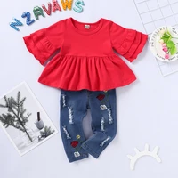 tracksuit for children 2 pcs casual clothing sets with red top jeans pants prints baby girl costume for 0 1 2 3 4 years old kids