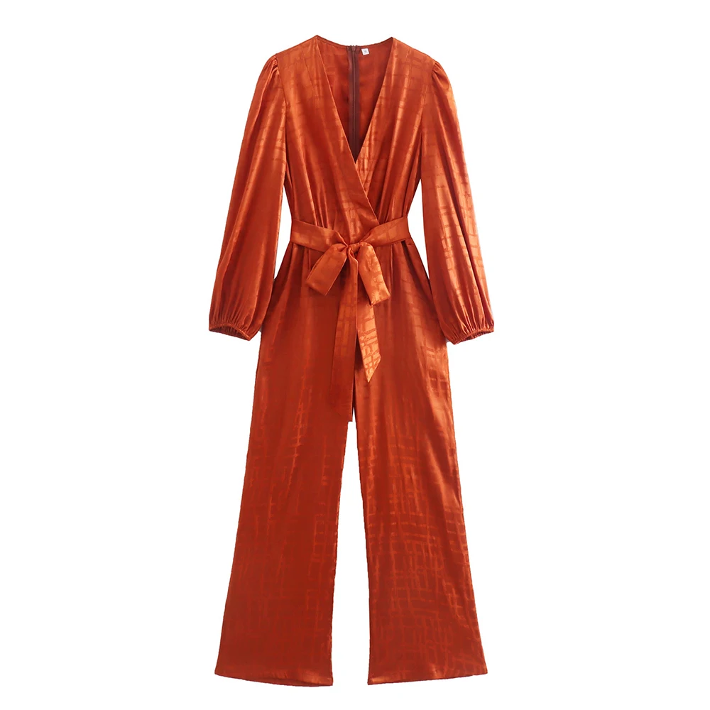 

Women's fashion satin V-neck waist belt bow trim Jacquard jumpsuit retro casual back zipper trim cuff women's jumpsuit