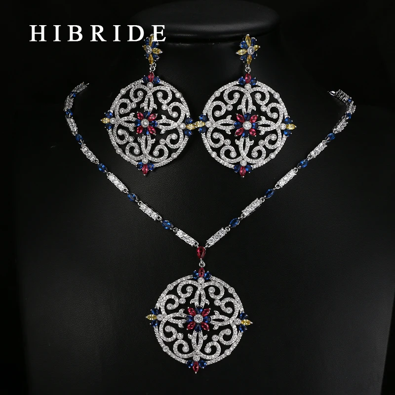 

Fashion Luxury Style Round Flower Shape Colorful Swiss CZ Pendants Bridal Women Wedding Jewelry Sets N-65