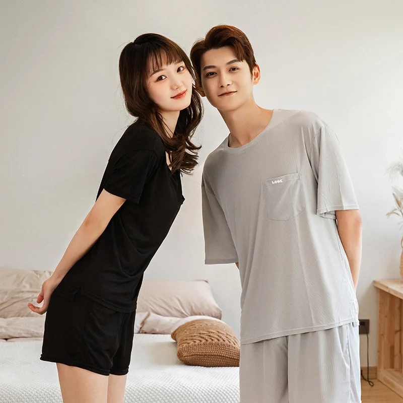 Summer Couple Pajamas Sets Solid Sleepwear Summer Short Sleeve Tops + Shorts Loungewear Plus Size Male Nightwear Pyjamas Suit
