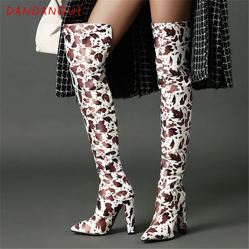 

Sexy Nightclub Striptease Girls Print Women's Thigh Highs Boots Autumn Winter New Casual Female Long Boots Catwalk Ladies Shoes