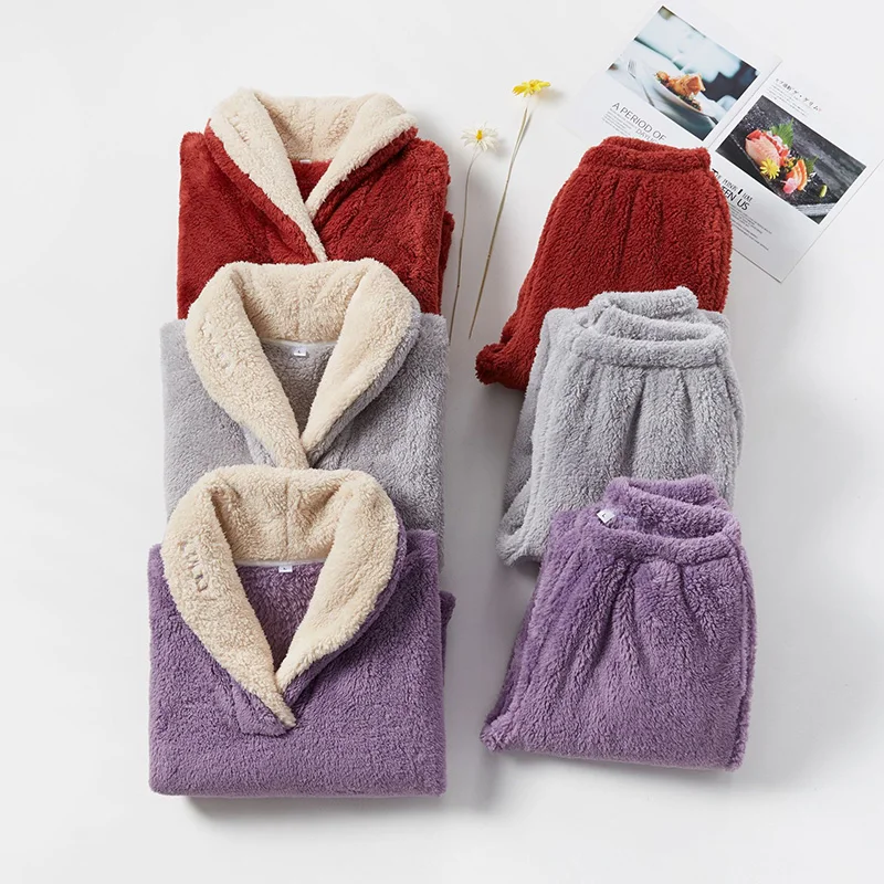 Warm Winter Flannel Pajama Set Womens Fleece 2 Pieces Sleepwear Casual Loose Homewear Outfit Thickening Hooded Nightwear Female