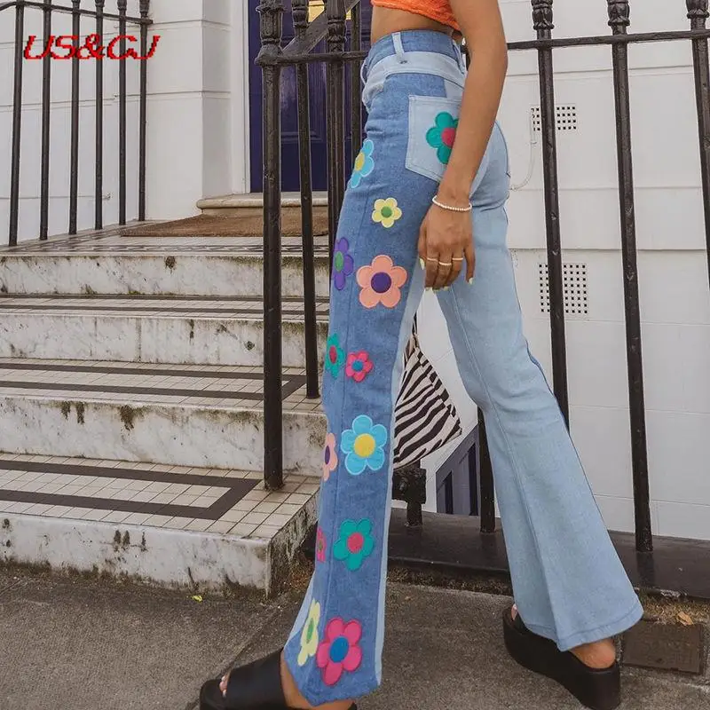 

Sweet Sexy Girl Embroidered Stitching Jeans Harajuku Fashion Street Spice Girls Slim Bell-Bottoms Straight Pants Wide Leg Pants