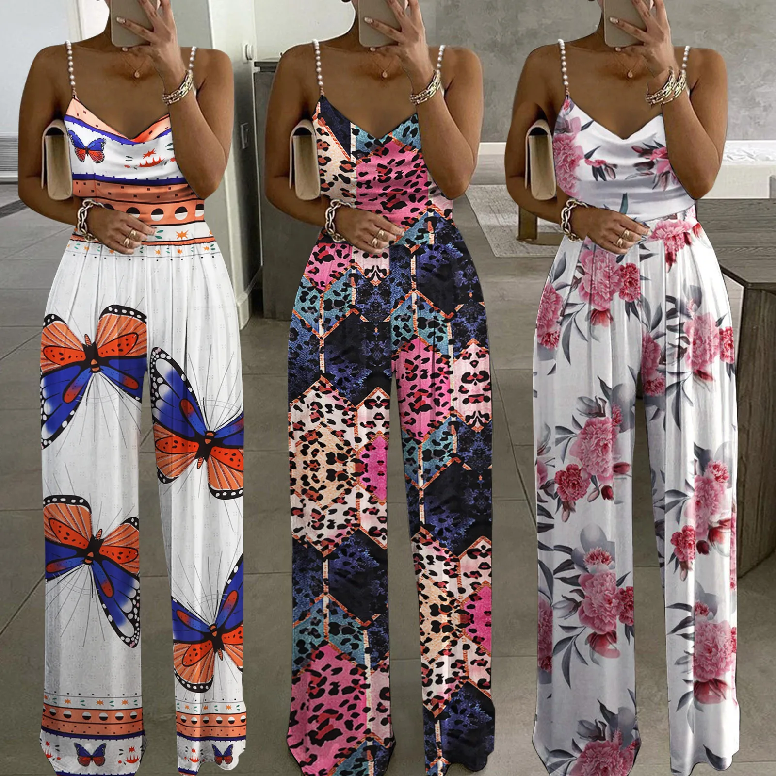 

Jumpsuits Women 2021 Elegant Sexy Pearl Sling Floral Print V Neck Loose Rompers Wide Leg Pants Holiday Backless Jumpsuit