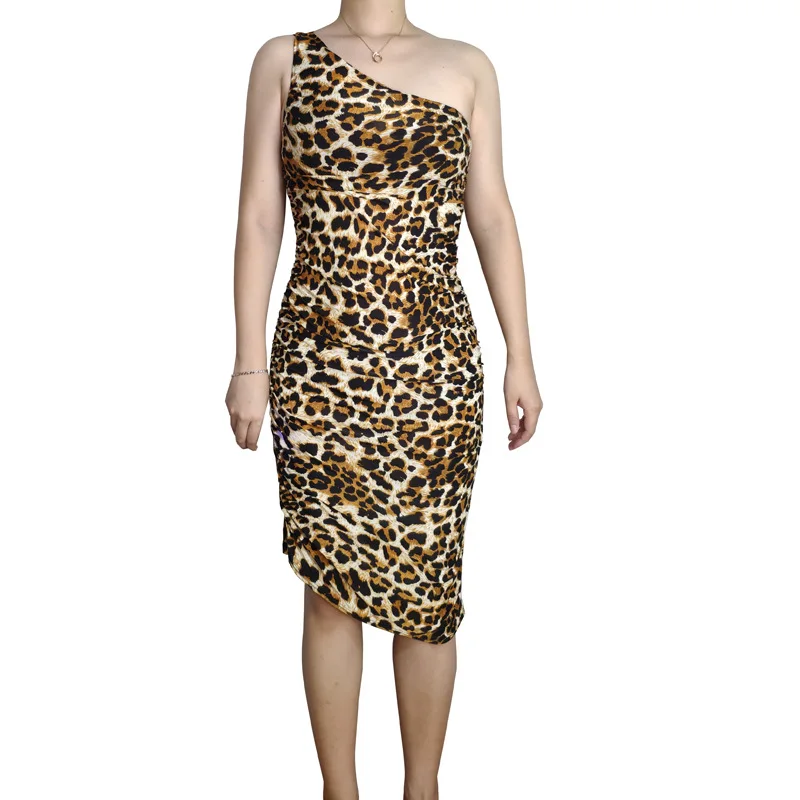 

One Shoulder Dresses 2023 Backless Ruched Knee Length Dress Summer Sexy Elegant Dresses For Women Leopard