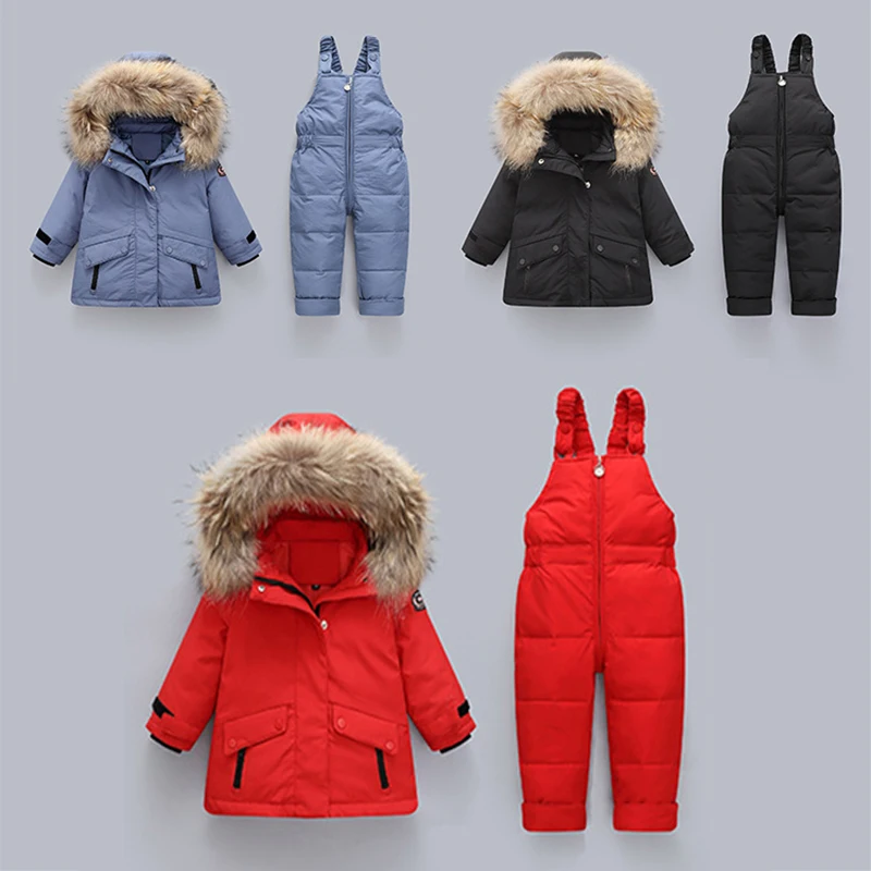Children Duck Down Jacket Winter 2pcs Set Baby Girls Boys Infant Jumpsuit Kids Thicken Warm Fur Collar Hooded Coat Snowsuit 0-4Y