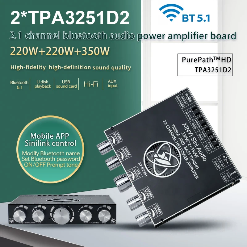 

Черный цифровой усилитель класса D 2 220 Вт Плюс 350 Вт TPA3251D2 HD усилитель мощности с низким уровнем искажения с аудиовходом USB AUX