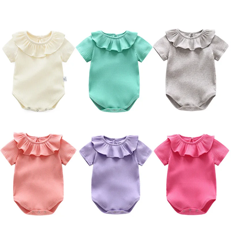 

Комбинезон для новорожденных девочек, летний однотонный хлопковый комбинезон с коротким рукавом и рюшами на шее для младенцев