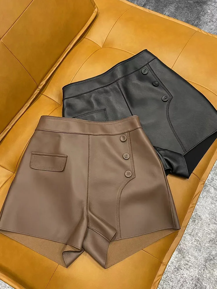 

Кожаные шорты для женщин с высокой талией 2022 корейская мода с эластичным поясом из натуральной овечьей кожи короткие брюки сексуальные