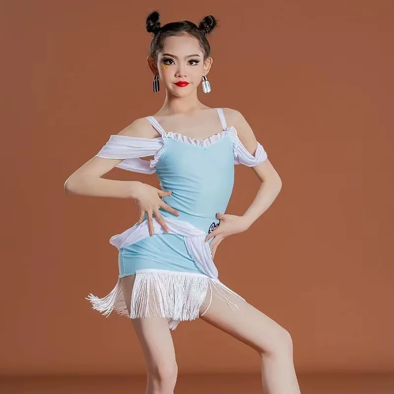 

Children's Latin dance dress Professional dance training dress Girls' blue tassel dress suit Rumba Latin dance dress