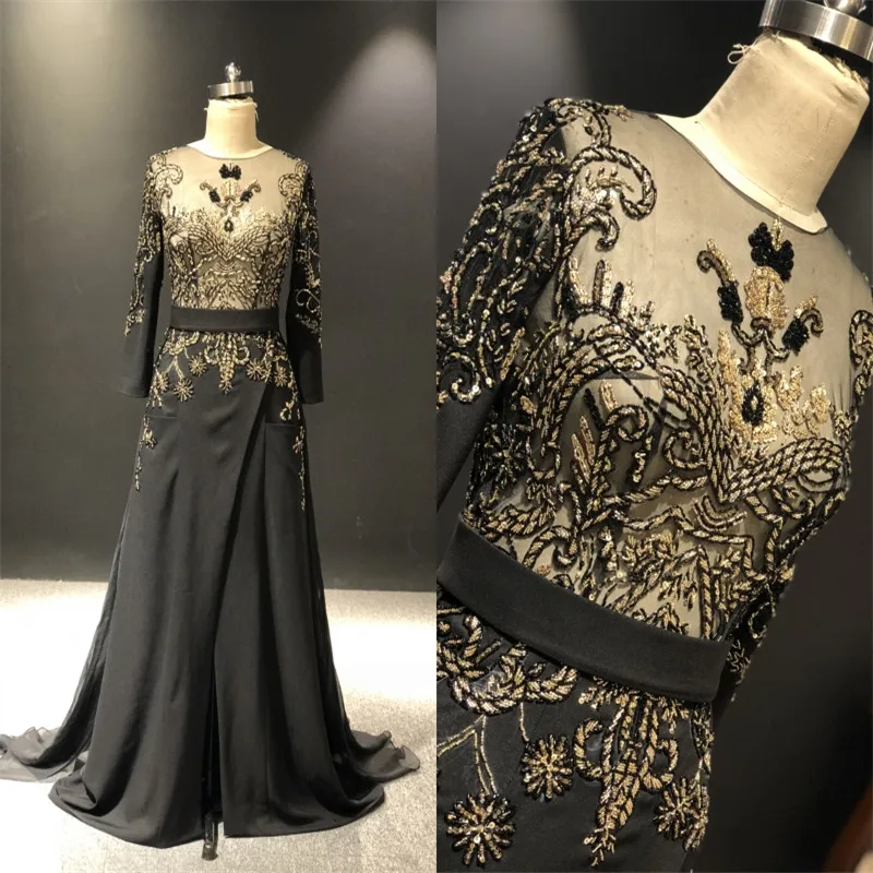 

ZuhairMurad 100% Real Pictures Black Long Sleeves Heavy Beads V-back Floor Length Women Prom Party Bridal Dancing Evening Dress