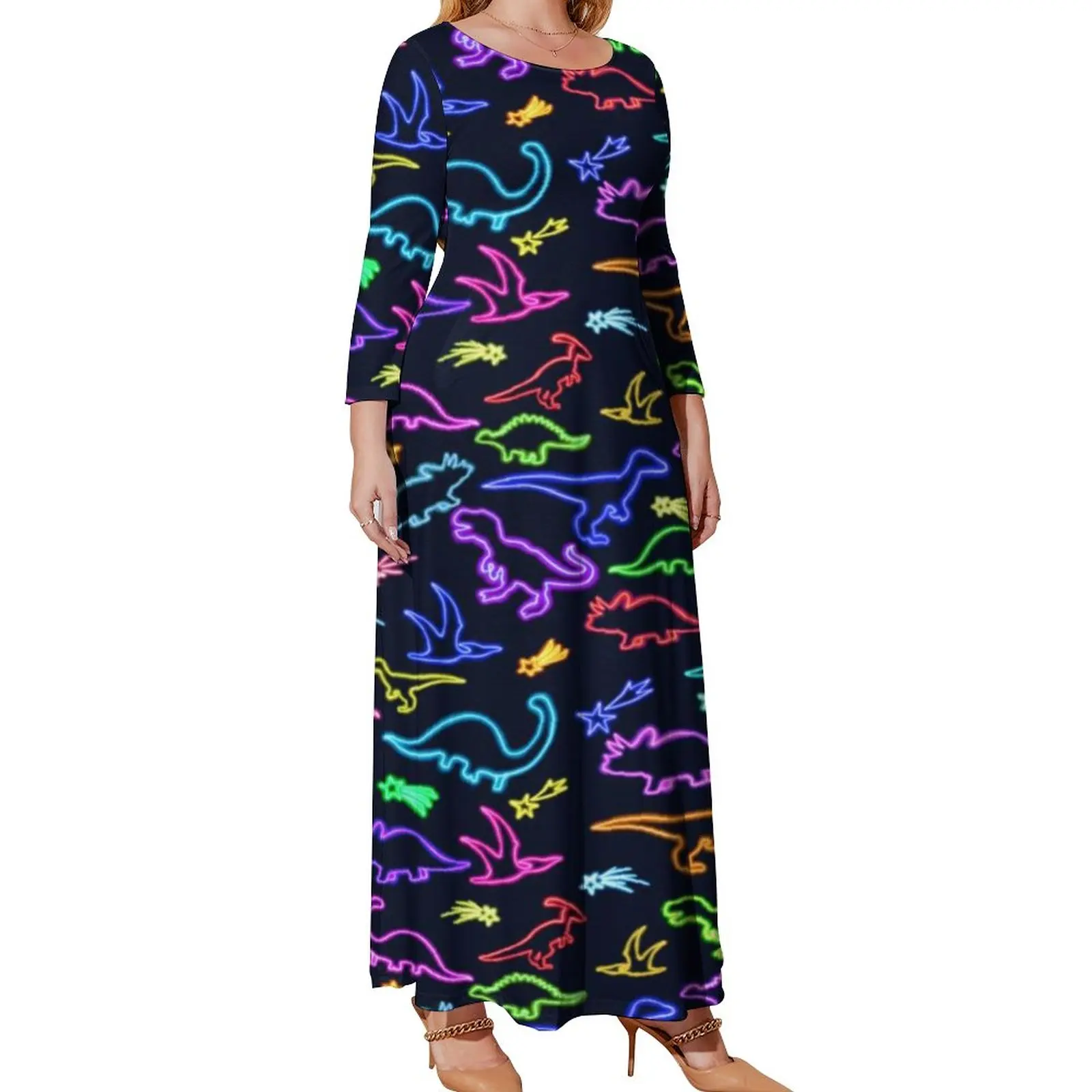 Neon Dinosaurs Dress Ladies Rainbow Dinosaur Cartoon Print Elegant Maxi Dress Aesthetic Beach Long Dresses Vestido Plus Size 4XL