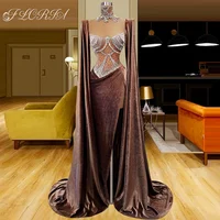 Elegant Brown Muslim Velvet Evening Gown with Warp Sleeves See Thru Crystals Middle East Long Formal Party Gowns Dresses