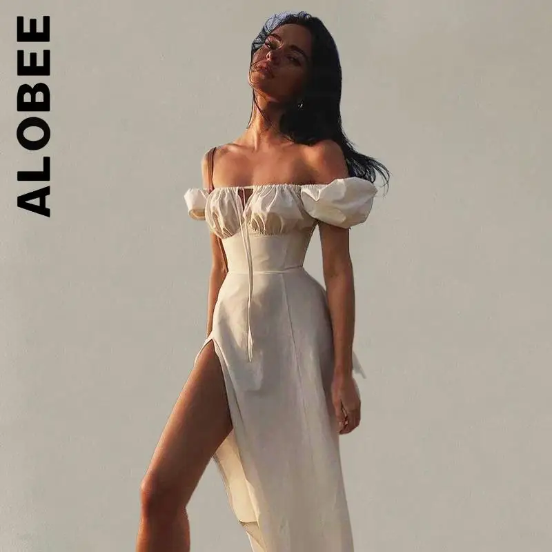 

Alobee Dress Fashion Women Puff Sleeve White Dress Chic Stylish Outfits Club Elegant Woman Clothes Vestidos Female