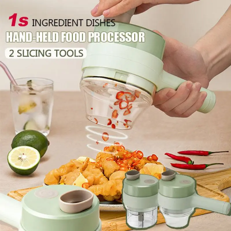 

New 4 In 1 Handheld Electric Vegetable Cutter Set Durable Chili Mud Crusher Kitchen Tool Ginger Masher Machine Mixer Food