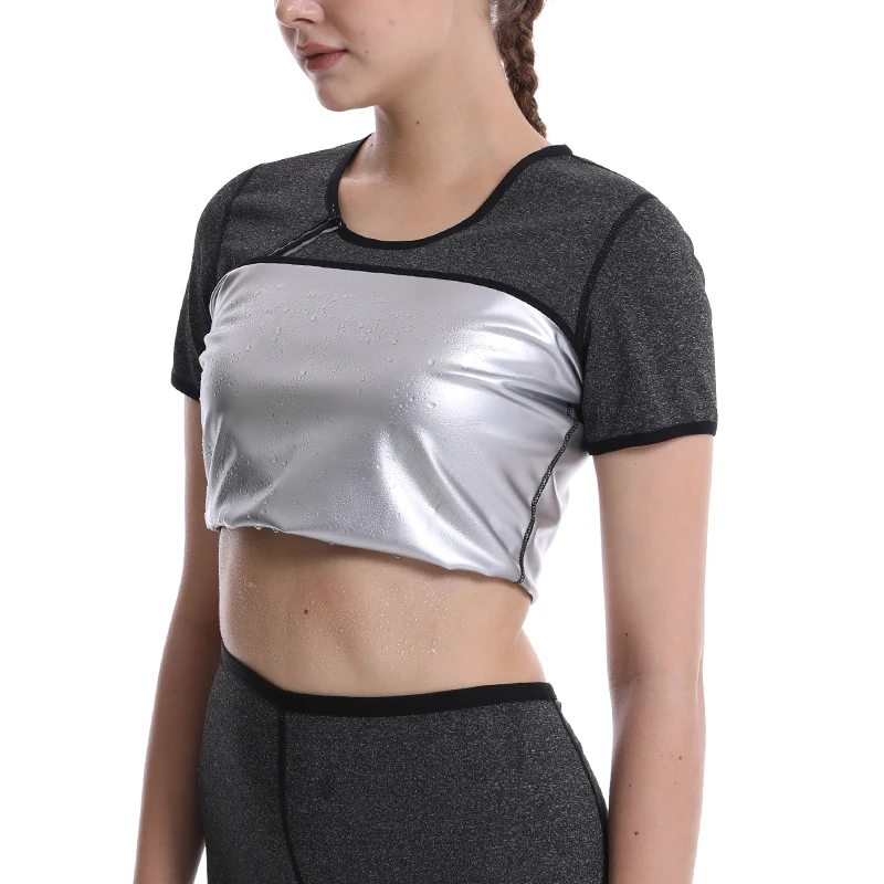

Sweat Enhancing Waist Trainer Slimming Body Shaper Gym Fitness Polymer Shirt Gray Tops Women's Workout Tank Top Sauna Zip Tshirt