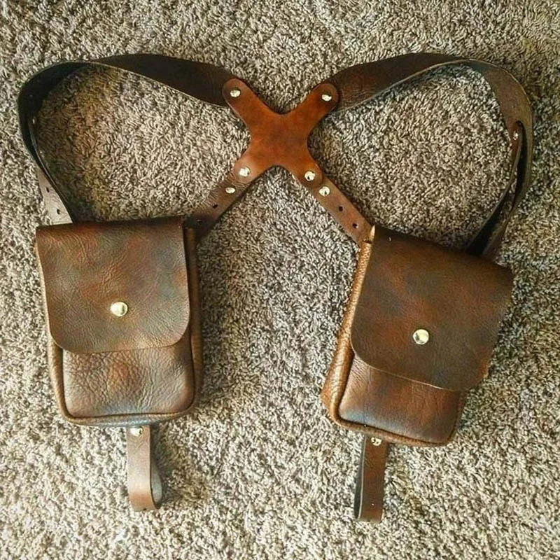 

Steampunk Medieval Leather Shoulder Bag Vintage Phone Case Wallet Double Pocket Holster Festival Viking Pirate Costume Purse Men