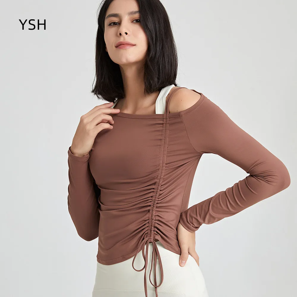 

YUSHUHUA Autumn Side Drawstring Sport Top Women Stretch Nude Fabric Fitness Jersey Gym Long Sleeve Breathable Yoga Crop Top Runn