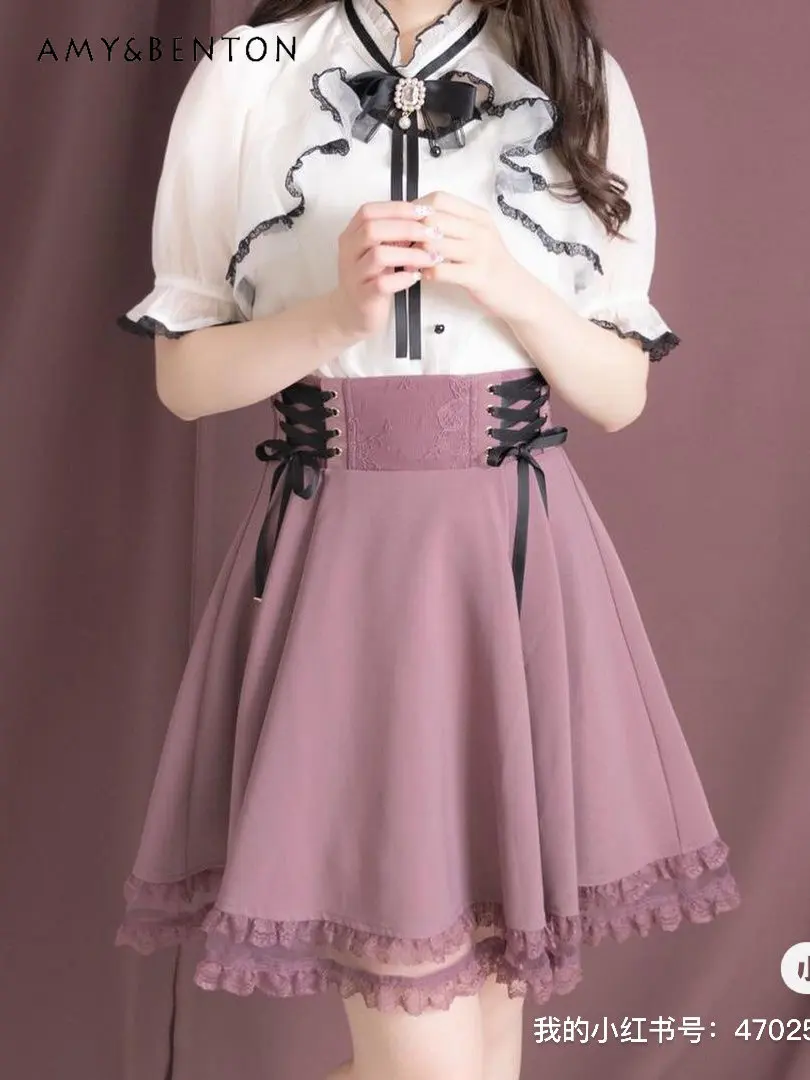 Lace Mini Skirt for Women Korean Style Kawaii Pink Short Skirt Female High Waist A Line Bandage Lolita Cute Skirt