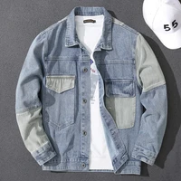 2022 stitching contrast color tooling jean jacket men fashion spring and autumn casual loose plus size motorcycle denim jacket