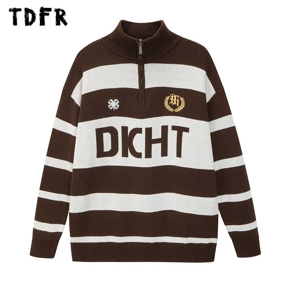 

Letter Jacquard Striped Sweater Mens Autumn Winter Casual Loose Half Zipper Drop Shoulder Knitted Sweater Men Pullover