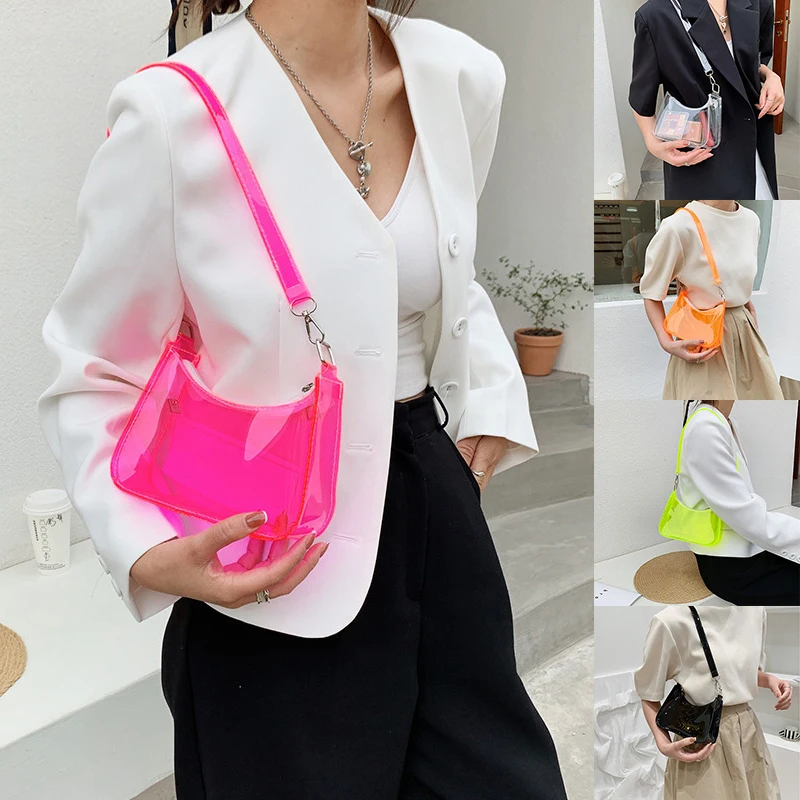 

Fashion Vintage Ladies Jelly Solid Color Clear Underarm Bag Casual Women Hobos Handbags Purse Fashion Cell Phone Shoulder Bag