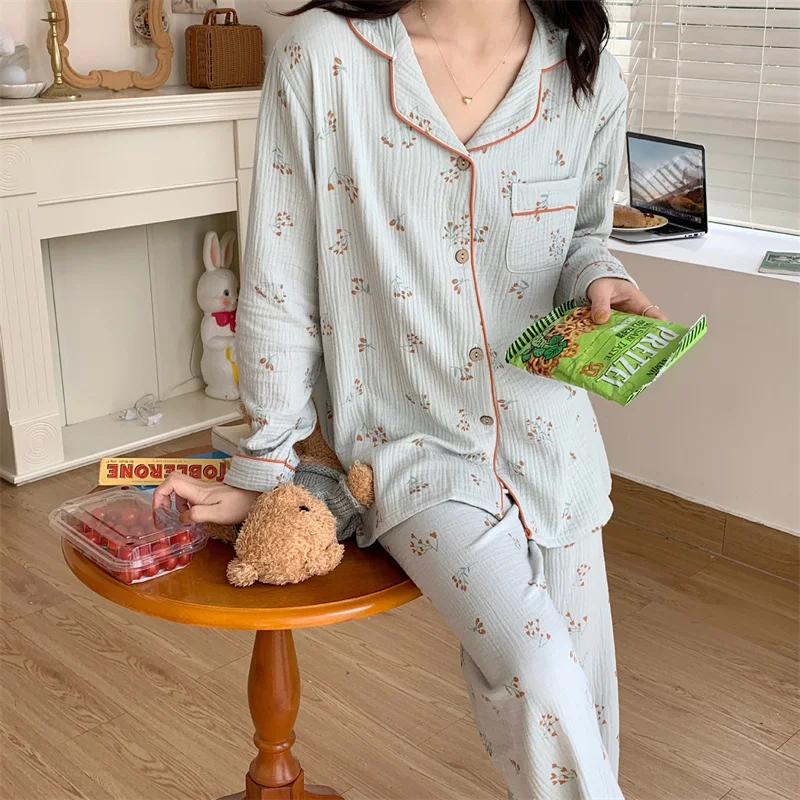 Удобный пижамный комплект с лацканами для женщин хлопковые домашние пижамы