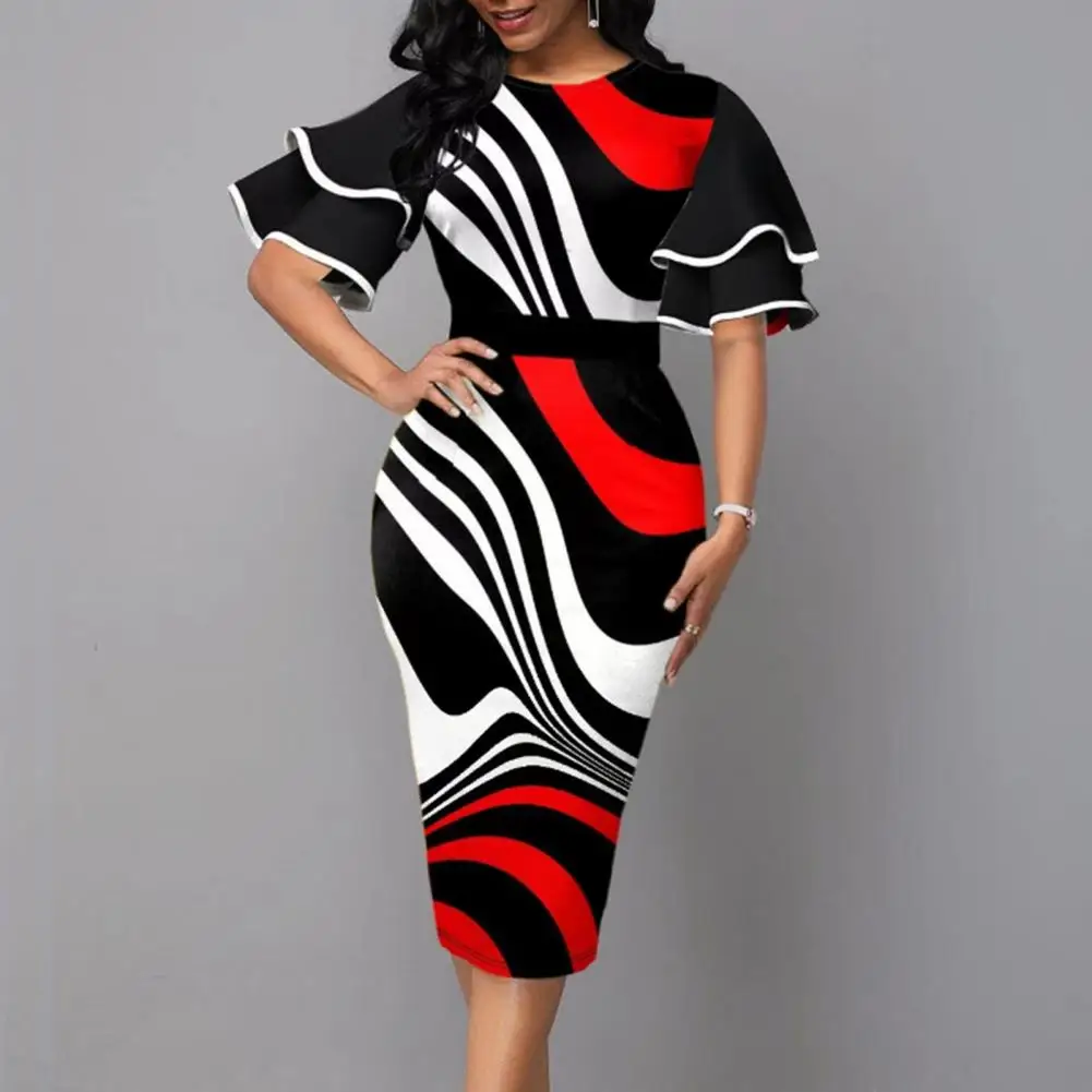

Women Gown Dress O-neck Layer Flared Sleeve Bodycon Dress Irregular Geometric Print Hip Wrapped Office Lady Work Dress Workwear