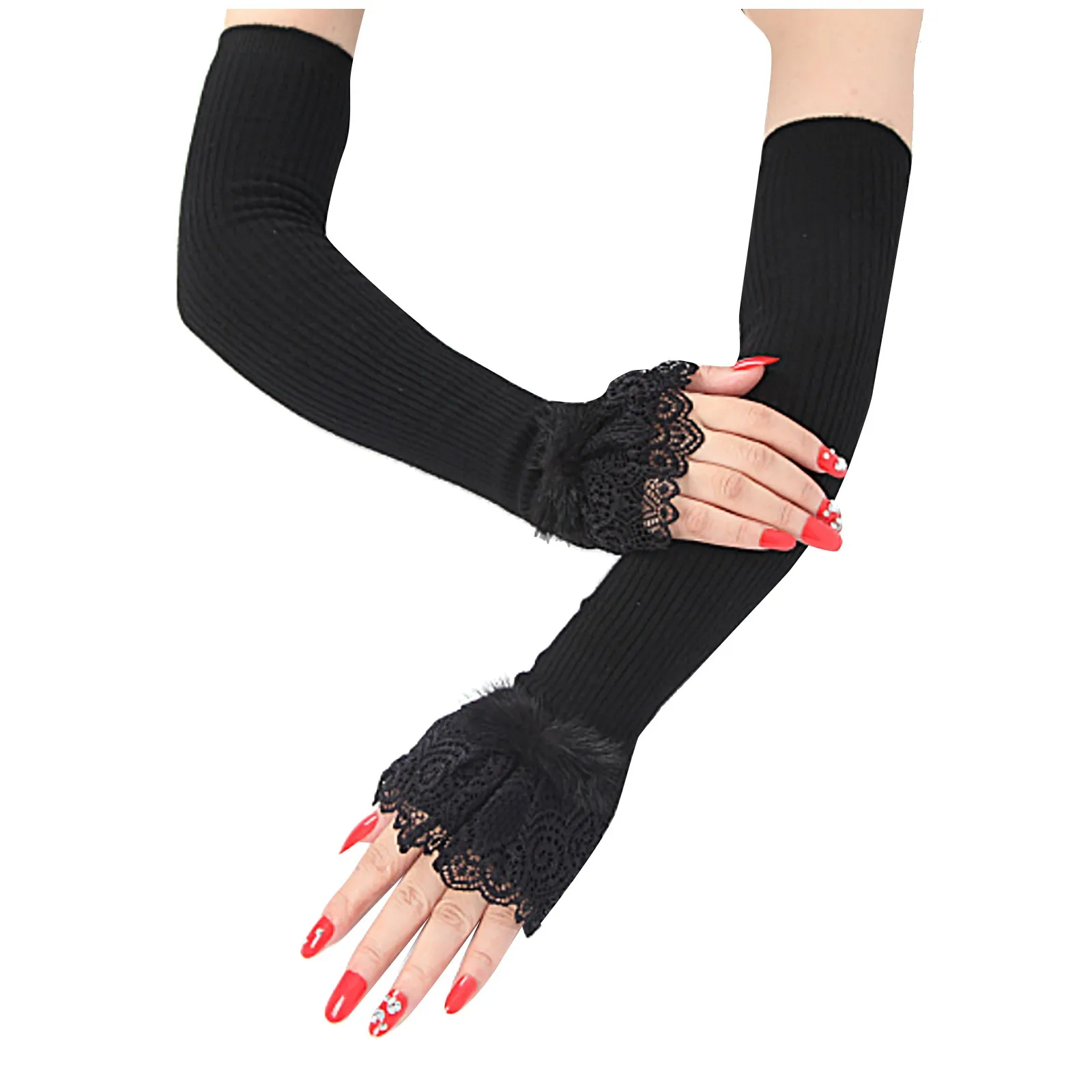 

Mink Warm Sleeve Women Thread Long Gloves Woolen Cashmere Arm Warmers Wool Lace Gloves fingerless gloves winter