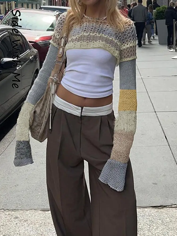 

Side with Me Knit Cut Out Patchwork Crop Top Women 2022 Summer Long Sleeve Casual Party Club Street Smock Woman T-Shirts