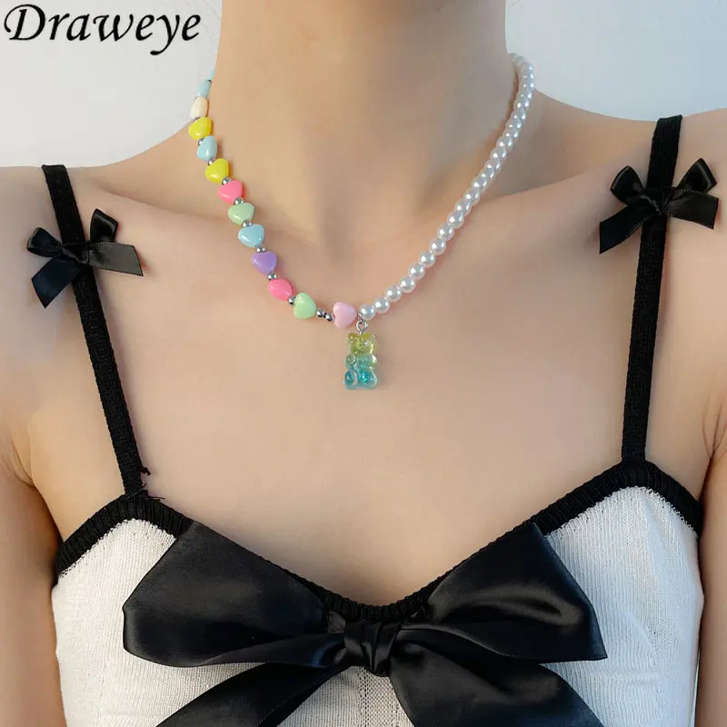 

Draweye Colorful Heart Necklaces for Women Y2k Cute Pearls Cartoon Bear Jewelry Hiphop Vintage Ins Fashion Pendant Necklace