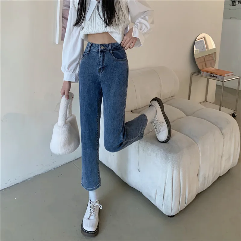 

N4449 New fashion all-match high-waisted slim loose straight cropped jeans