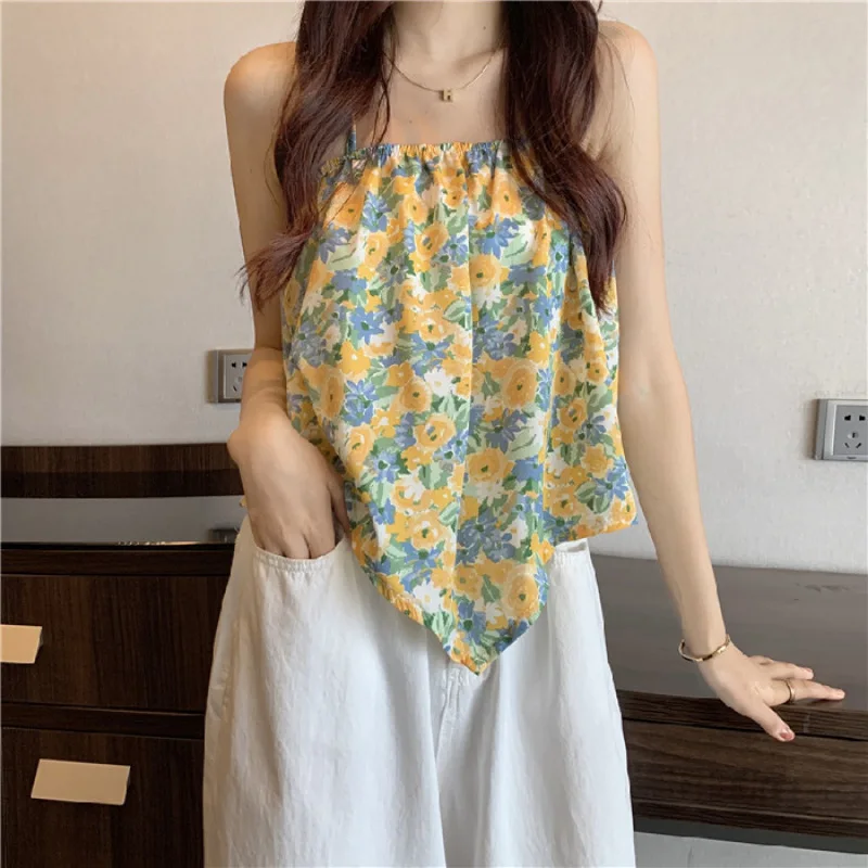 

Floral Hanging Neck Small Camisole Women's Suspender Shirt New Elegant Sexy Summer Printed Sleeveless Irregular Loose Fit Top