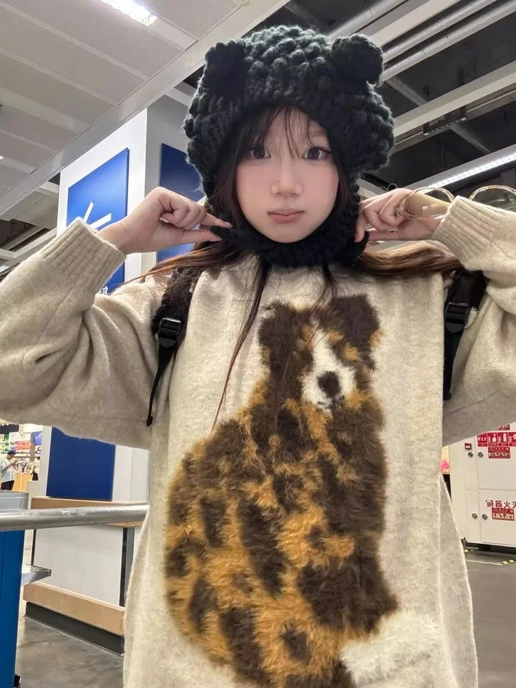 Korejepo американский вязаный пуловер с принтом норки и щенка женский осенне-зимний