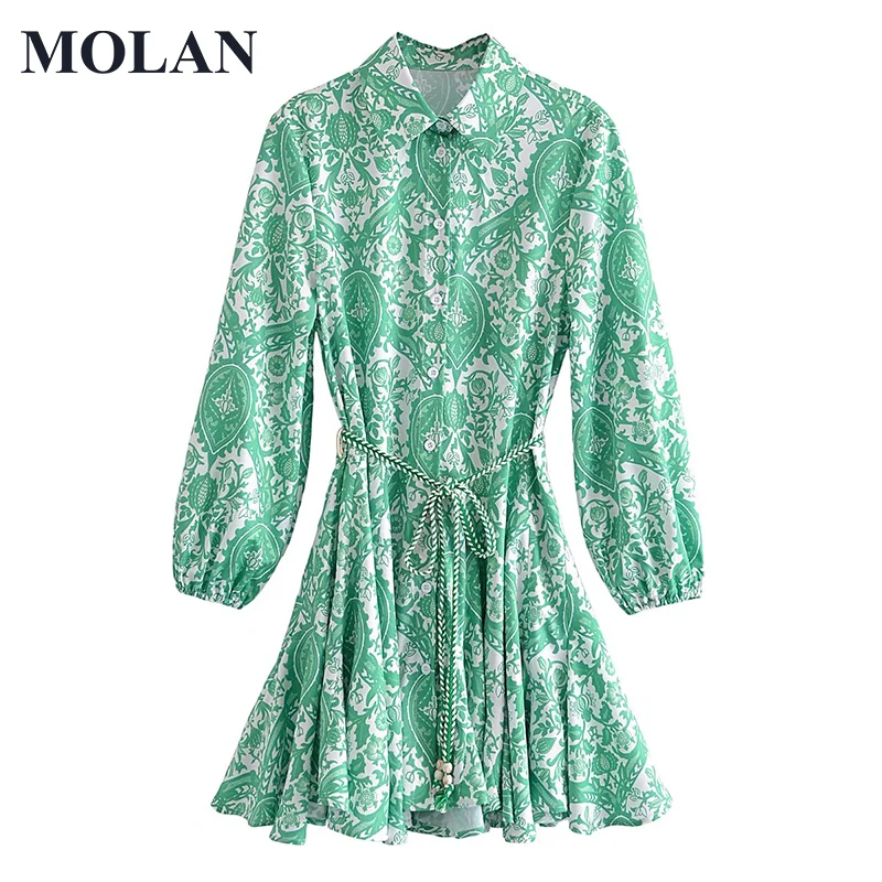 

MOLAN Woman Beach Casual Dress Print Folds Drawstring Summer Long Sleeve Party Vocation Elegan Female Dress Chic Vestido