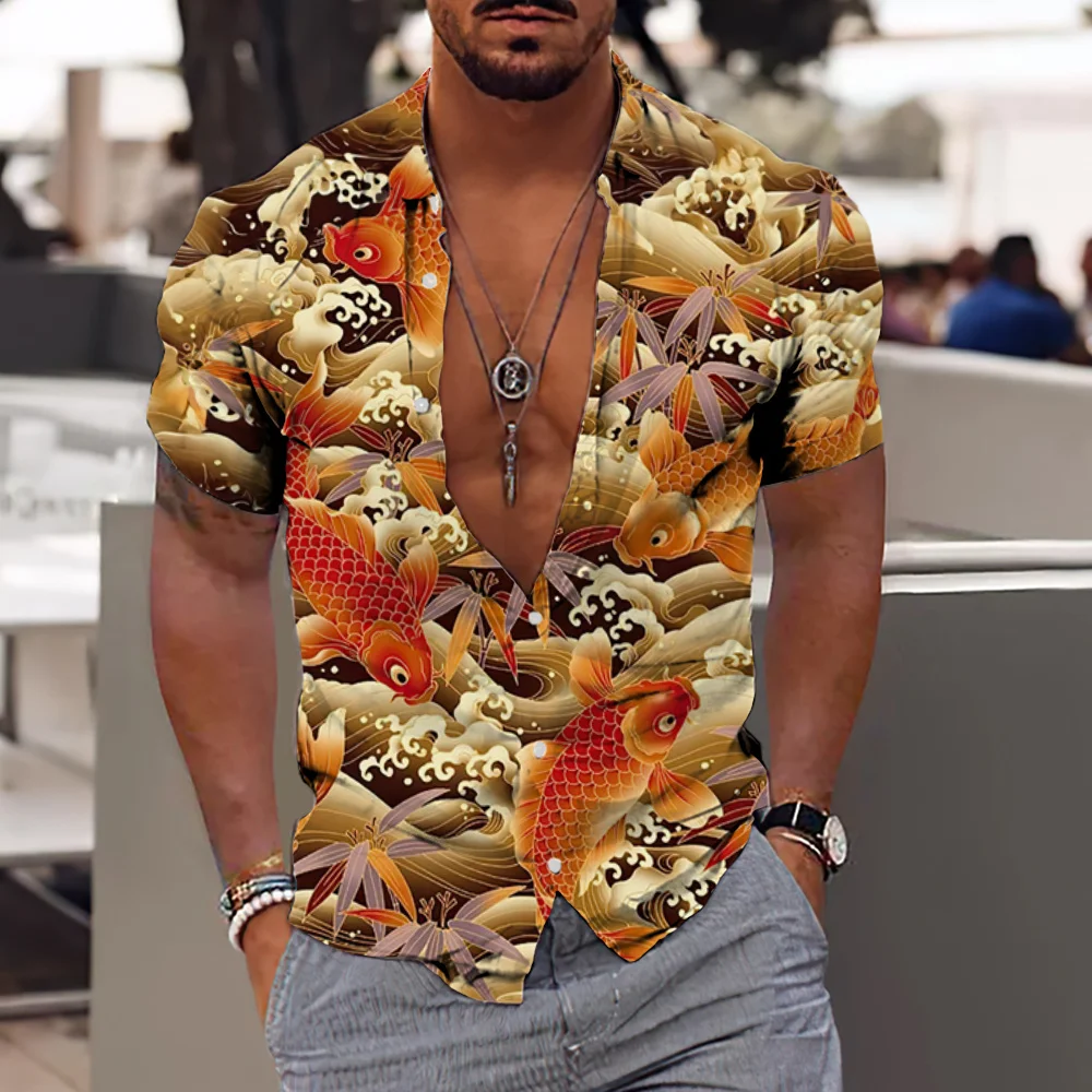 

2023 New Summer Koi 3d Print Hawaiian Shirt Short Sleeve Carp Graphic Clothing Oversized Streetwear Apparel For Male Blouse Tops