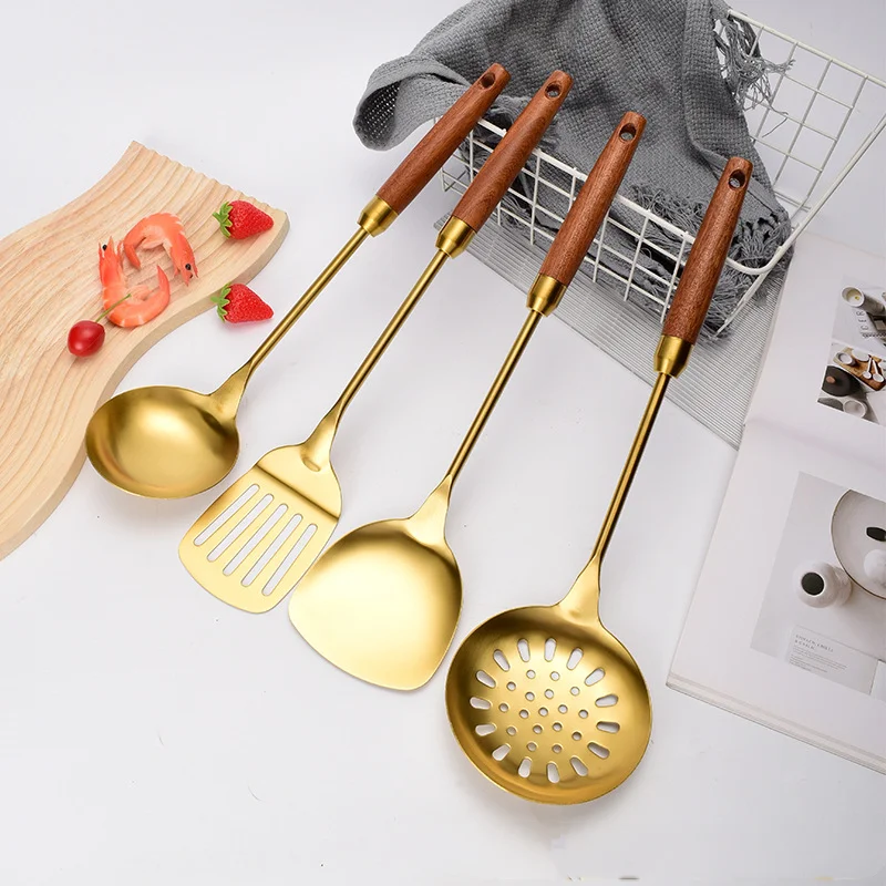 

Stainless Steel Kitchen Utensils Sabli Wooden Handle Spatula Black Spatula Soup Spoon Leaking Spatula, Golden Kitchen Utensils,