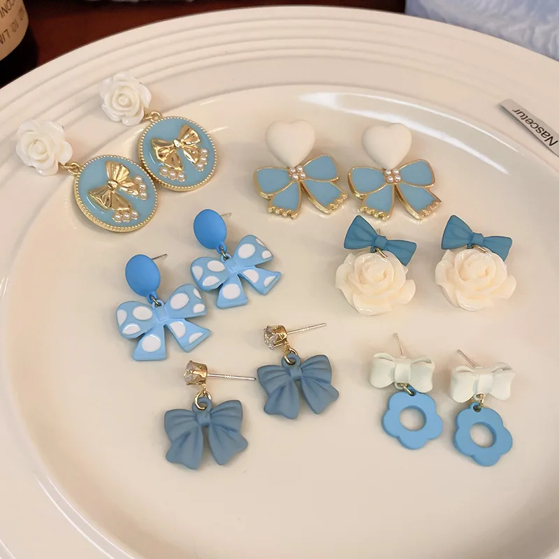 

Korean 2022 Summer New Trendy Blue Enamel Bowknot Earrings For Women Sweet Accessories Resin Flower Oorbellen Brincos Feminino