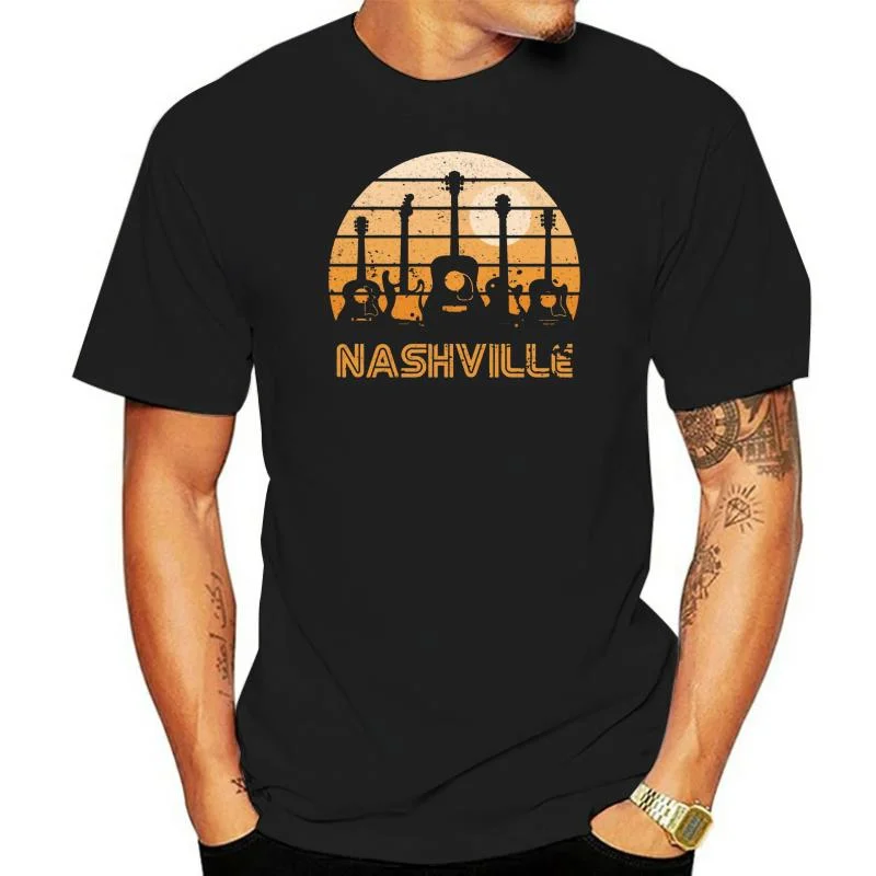 

Camiseta Retro Sunset Nashville Guitars, Camisa de algodón con cuello redondo, cómoda, Formal, para verano