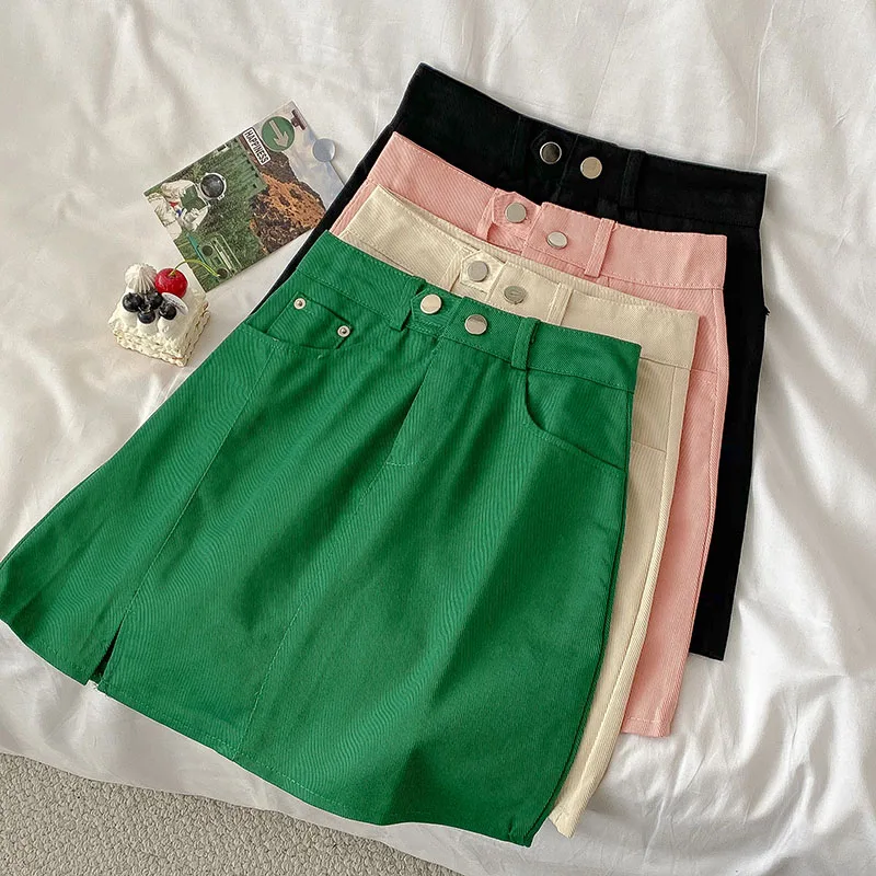 

Однотонная джинсовая юбка Женская Новинка Весна 2022 Женская одежда для снижения возраста Модная тонкая короткая трапециевидная юбка с высо...