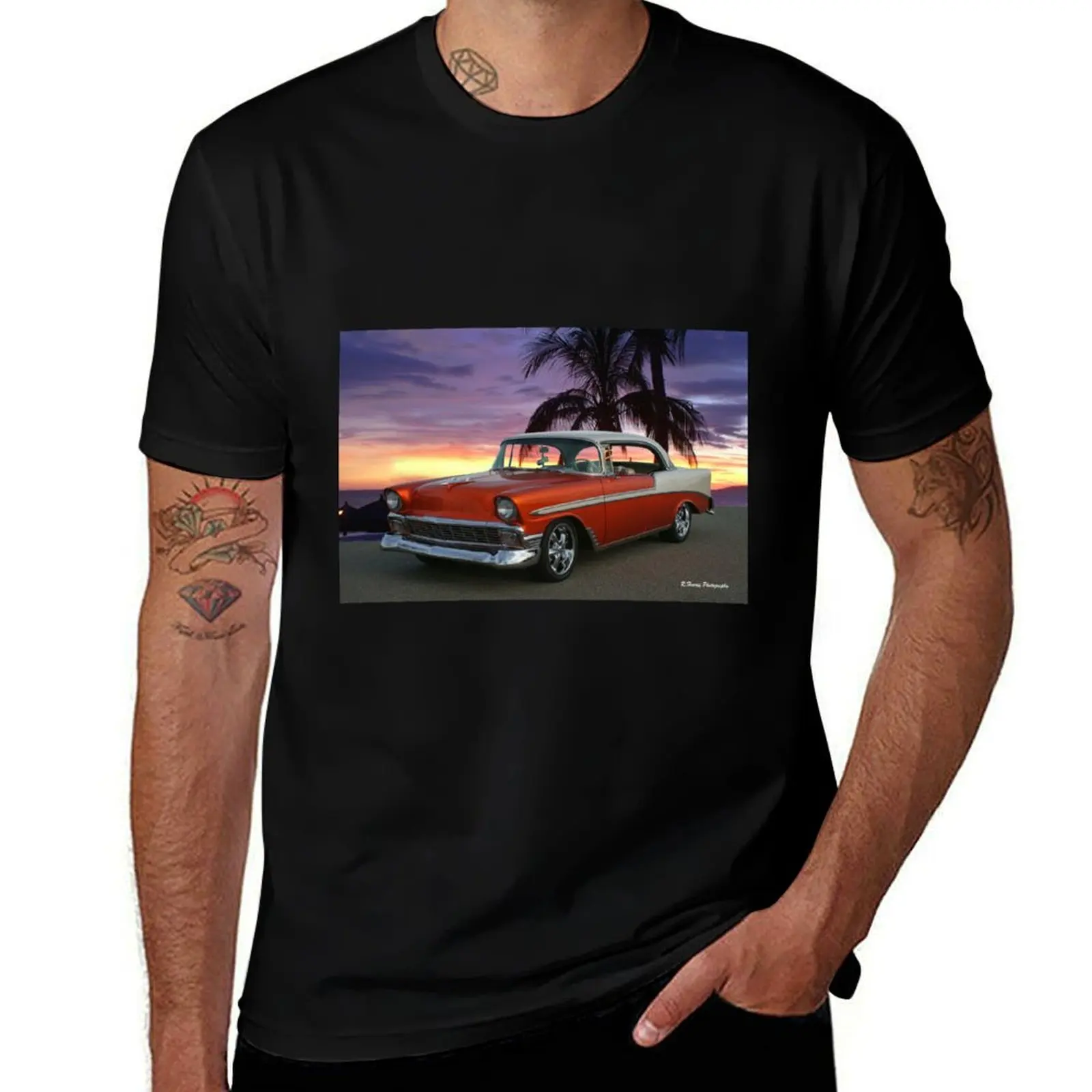 1956 Футболка Chevy Belair на пляже с пальмовыми деревьями футболка заказ мужская