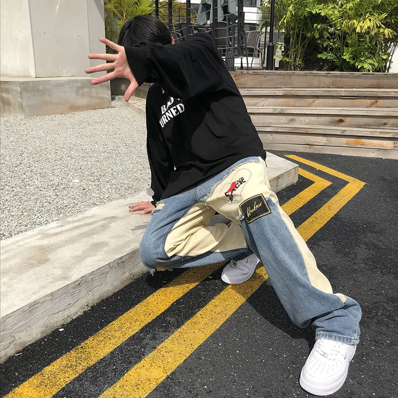 High Street American Distressed Love Mens Jeans Trendy Brand Niche Hiphop Irregular Design Trend Pants for Men