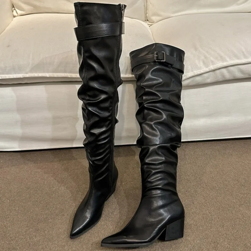 Модные женские высокие сапоги с острым носком брендовая обувь на среднем каблуке
