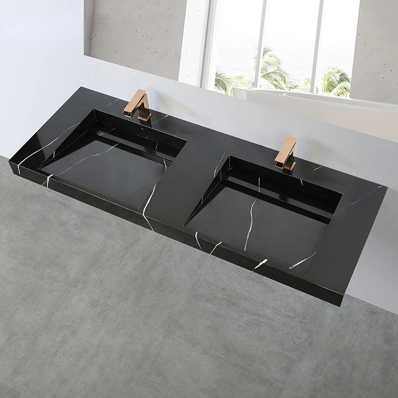

Solid surface double sink bathroom vanity solid marble hand wash basin wall hung stone black basin