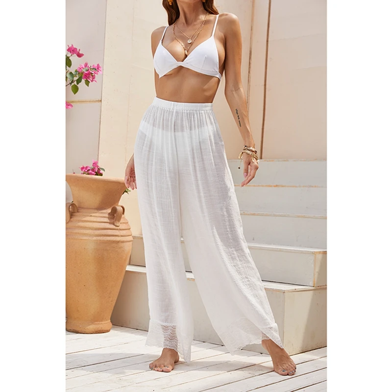 

Women Sexy Beach Cover Up Pants Sheer Mesh See Through Transparent High Elastic Swimwear Bell Bottom Flare Pants Trousers