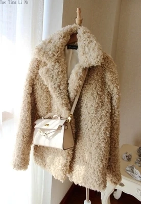 Tao Ting Li Na High-end Women Fashion  Large Lapel Faux Small Curly Wool Hoop Fur Coat 17S28