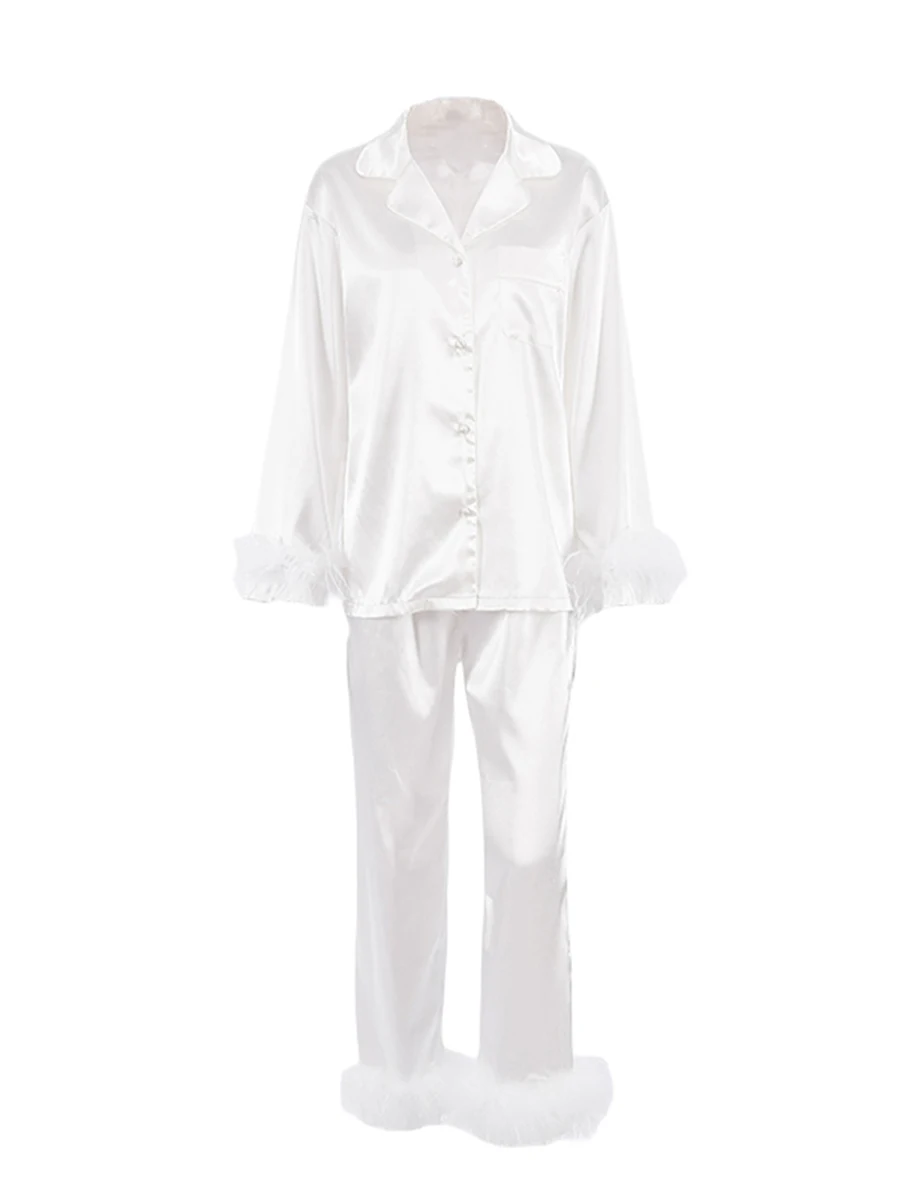 

Women s Pajamas Set Feather Decoration Long Sleeve Button Down Lapel Collar Tops and Pants Sleepwear Set