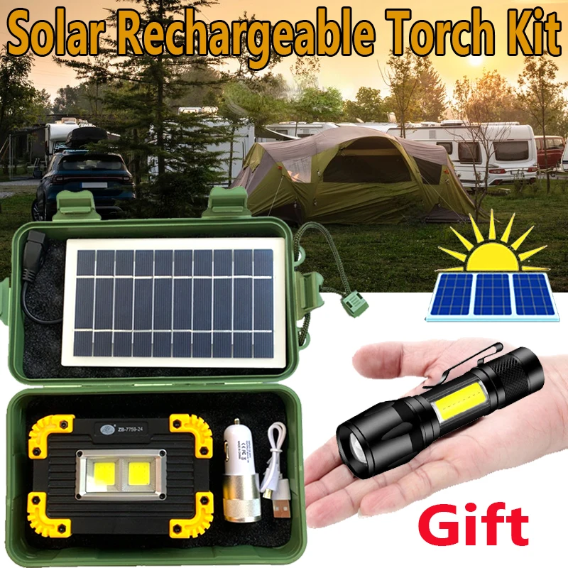 

High Power LED Flashlight Solar Panel Kit Travel Light for Camping Lantern Led Lamp Battery Solar Charger Set Camping Hiking